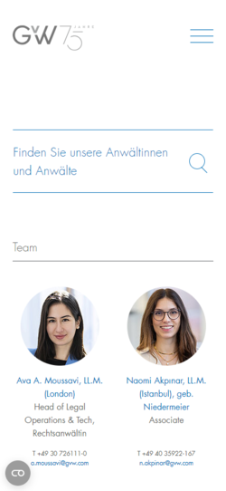 Screenshot mobile gvw.com - Ansicht Team